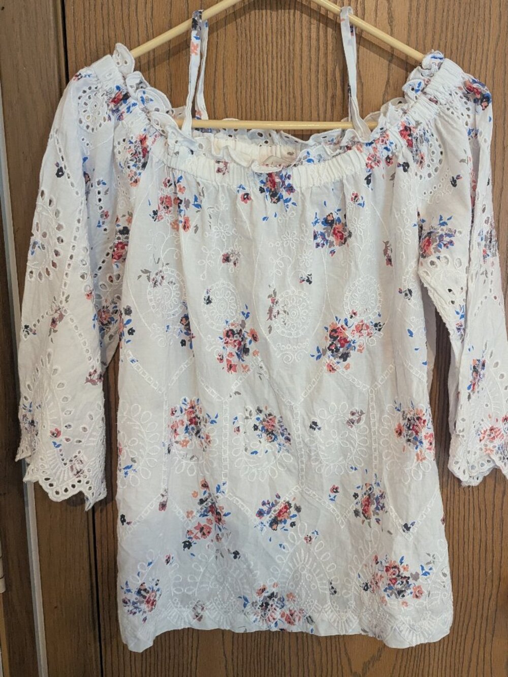 Loft Off Shoulder Embroidered Eyelet Lace Floral 3/4 Sleeve Peasant Blouse-L